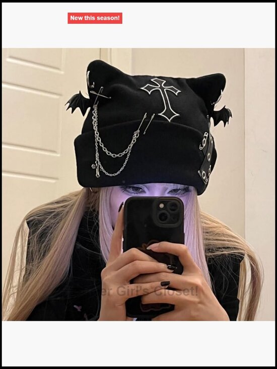 Y2K Goth Cat Ear Beanie Knitted Punk Emo Grunge Hat with Metal Rings Chain